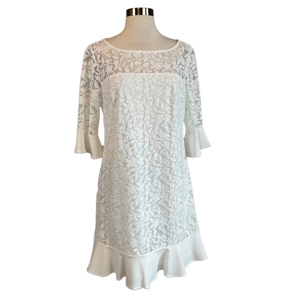 Adrianna Papell Women's Cocktail Dress Size 6 White Lace Ruffled Mini Sheath - Picture 1 of 12